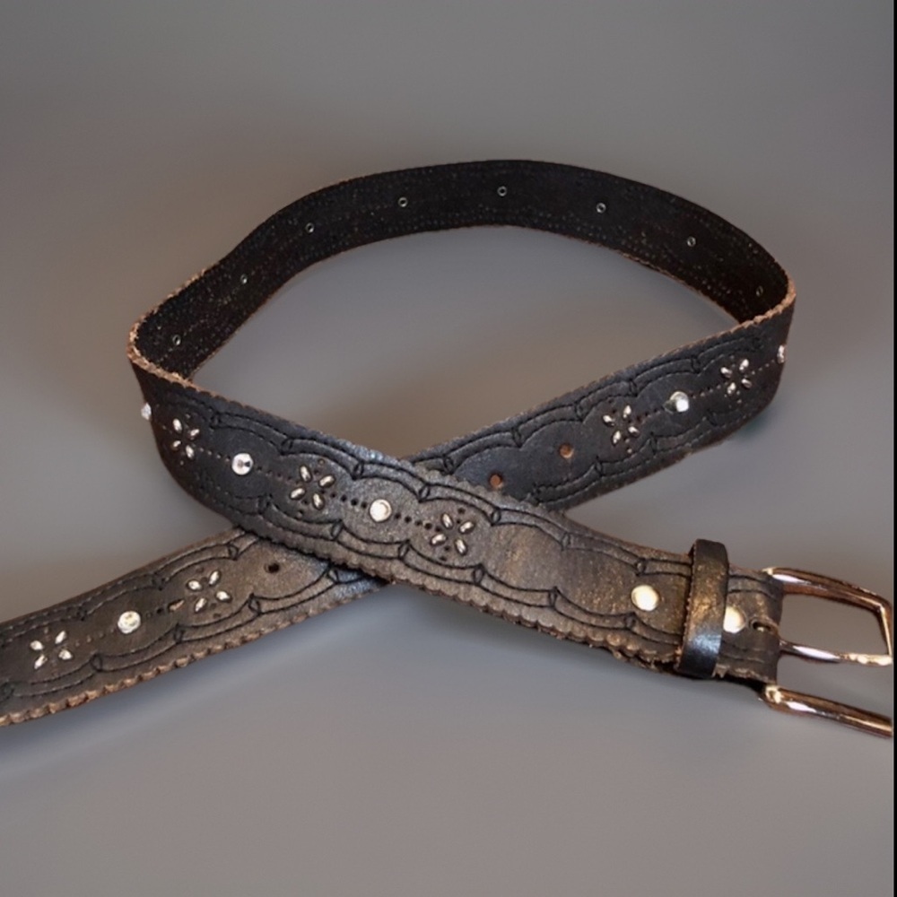 VINTAGE Boho Rocker CHIC Black Silver Studded Gem Layering Belt S/M